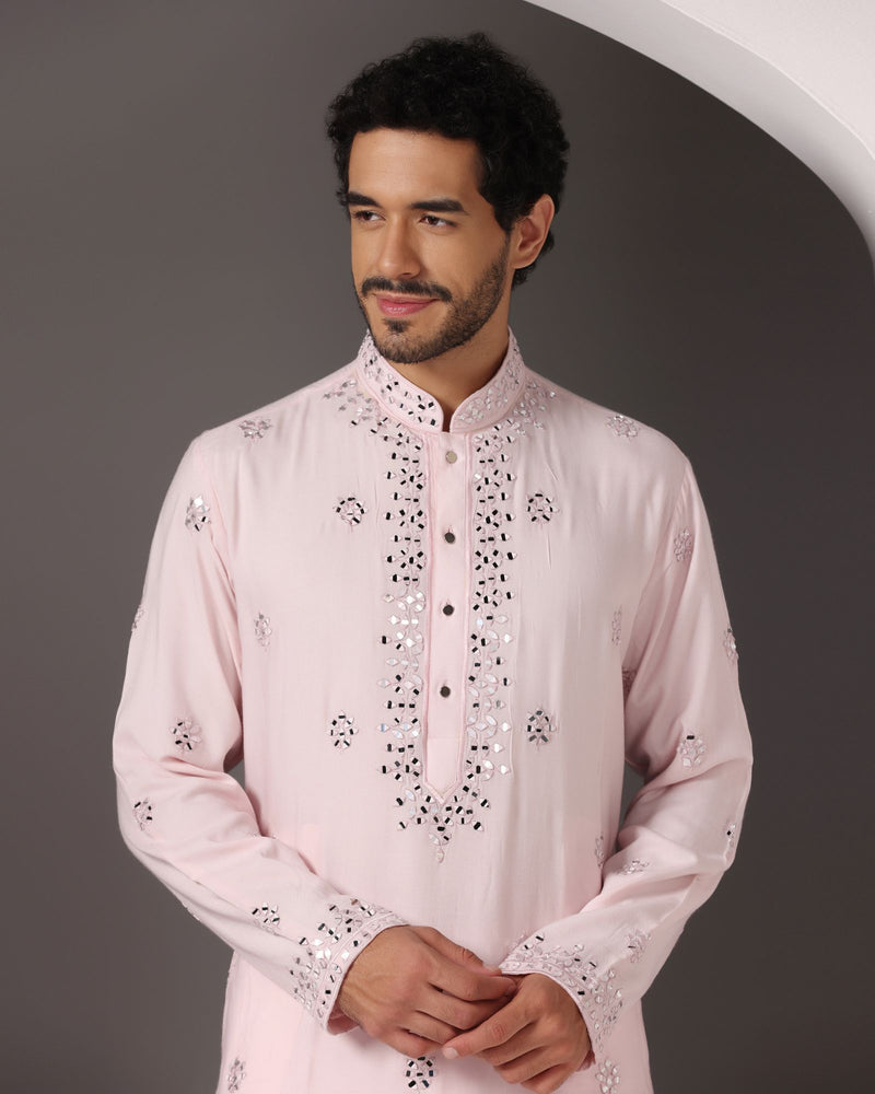 Enchanting in Baby Pink: Mirror-Embroidered Kurta with Salwar