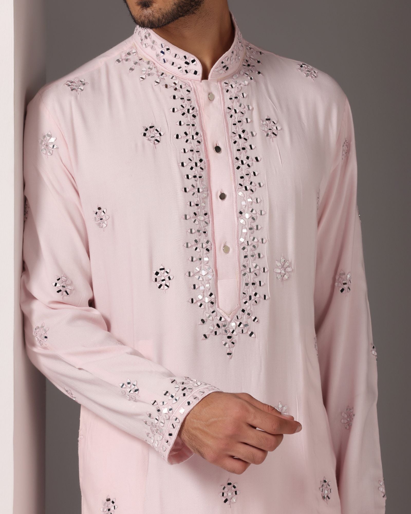 Enchanting in Baby Pink: Mirror-Embroidered Kurta with Salwar