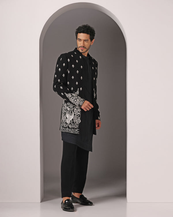 Contemporary Chic: Black Indo-Western with White Machine Embroidery