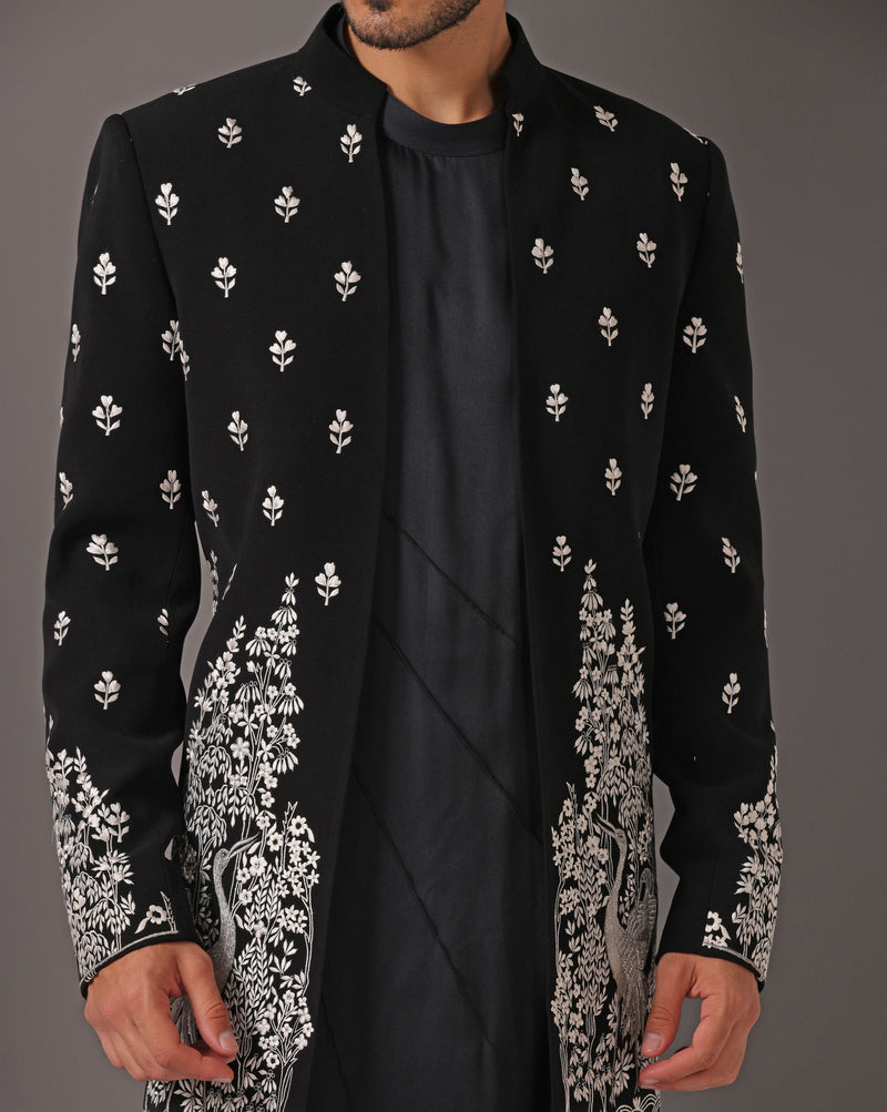 Contemporary Chic: Black Indo-Western with White Machine Embroidery