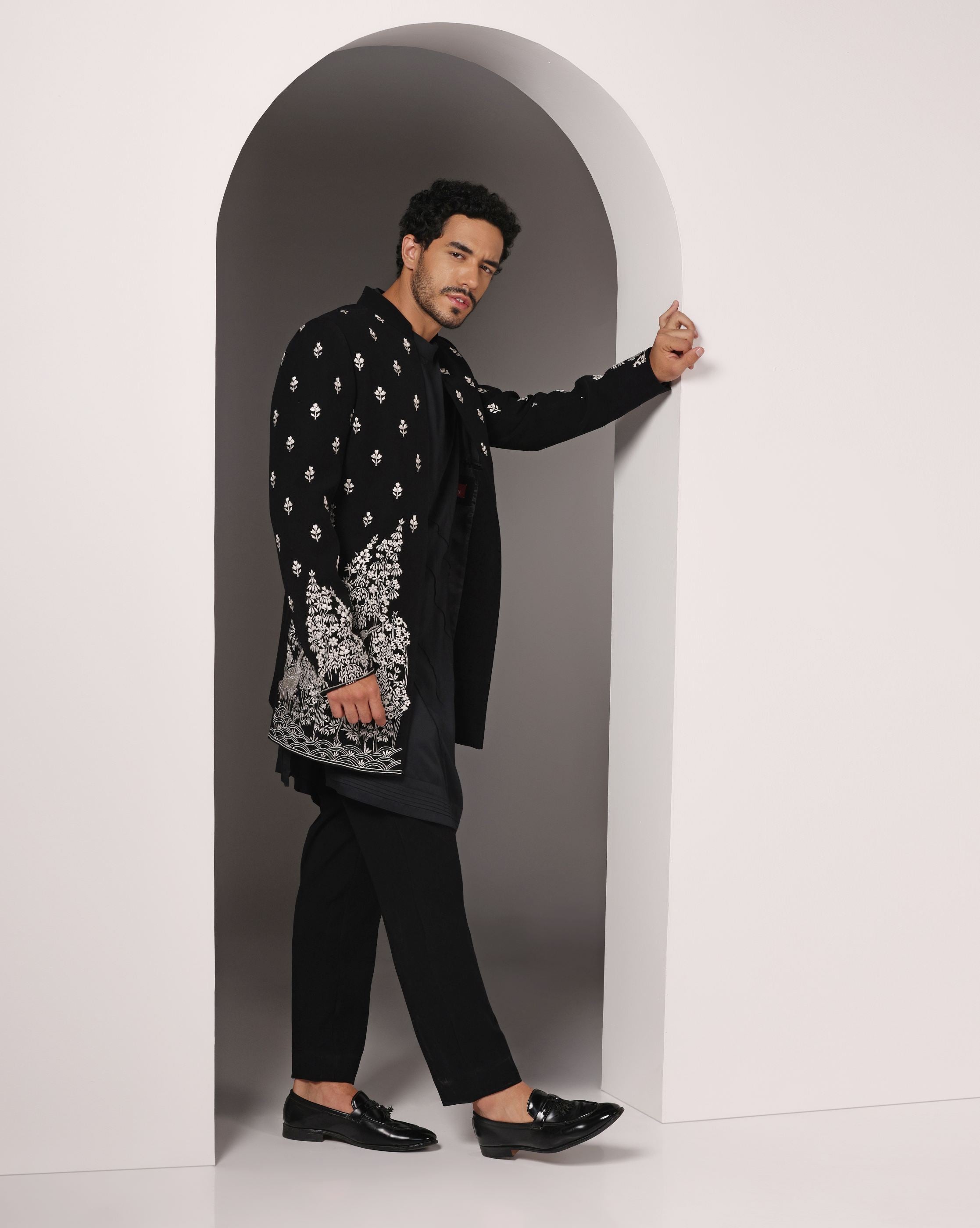 Contemporary Chic: Black Indo-Western with White Machine Embroidery