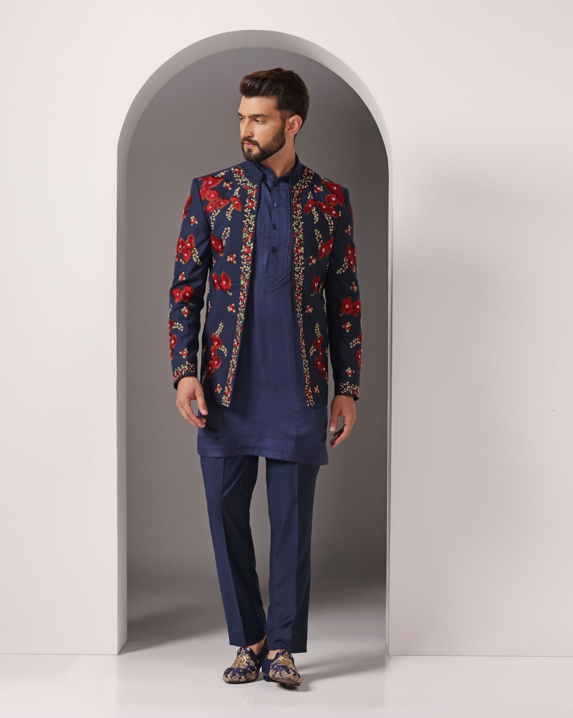 Sapphire embroidered blue jacket and kurta set | Bhavya Bhasin Couture