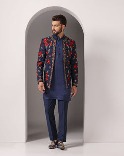 Sapphire Elegance: Embroidered Blue Jacket & Kurta