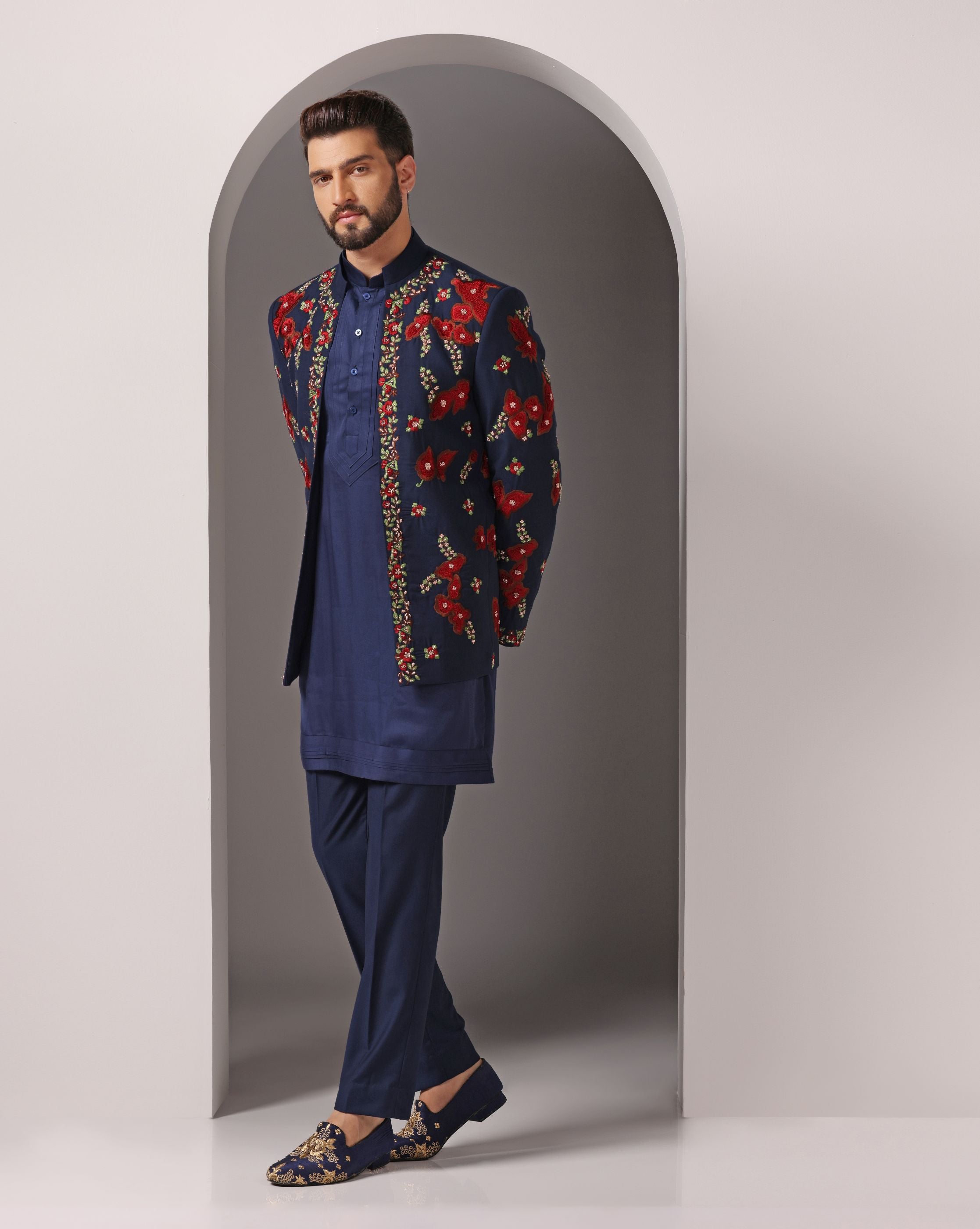 Sapphire Elegance: Embroidered Blue Jacket & Kurta