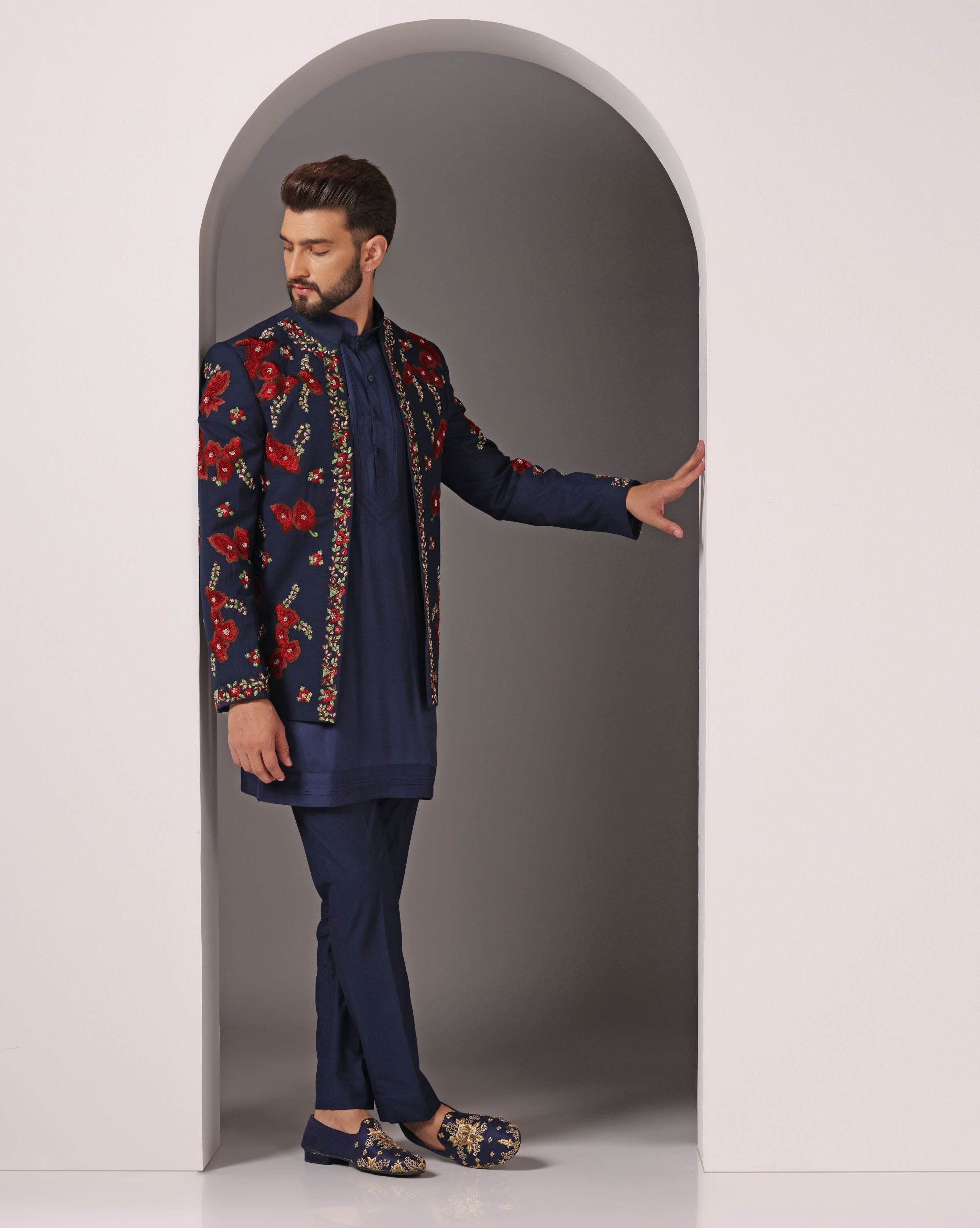 Sapphire Elegance: Embroidered Blue Jacket & Kurta