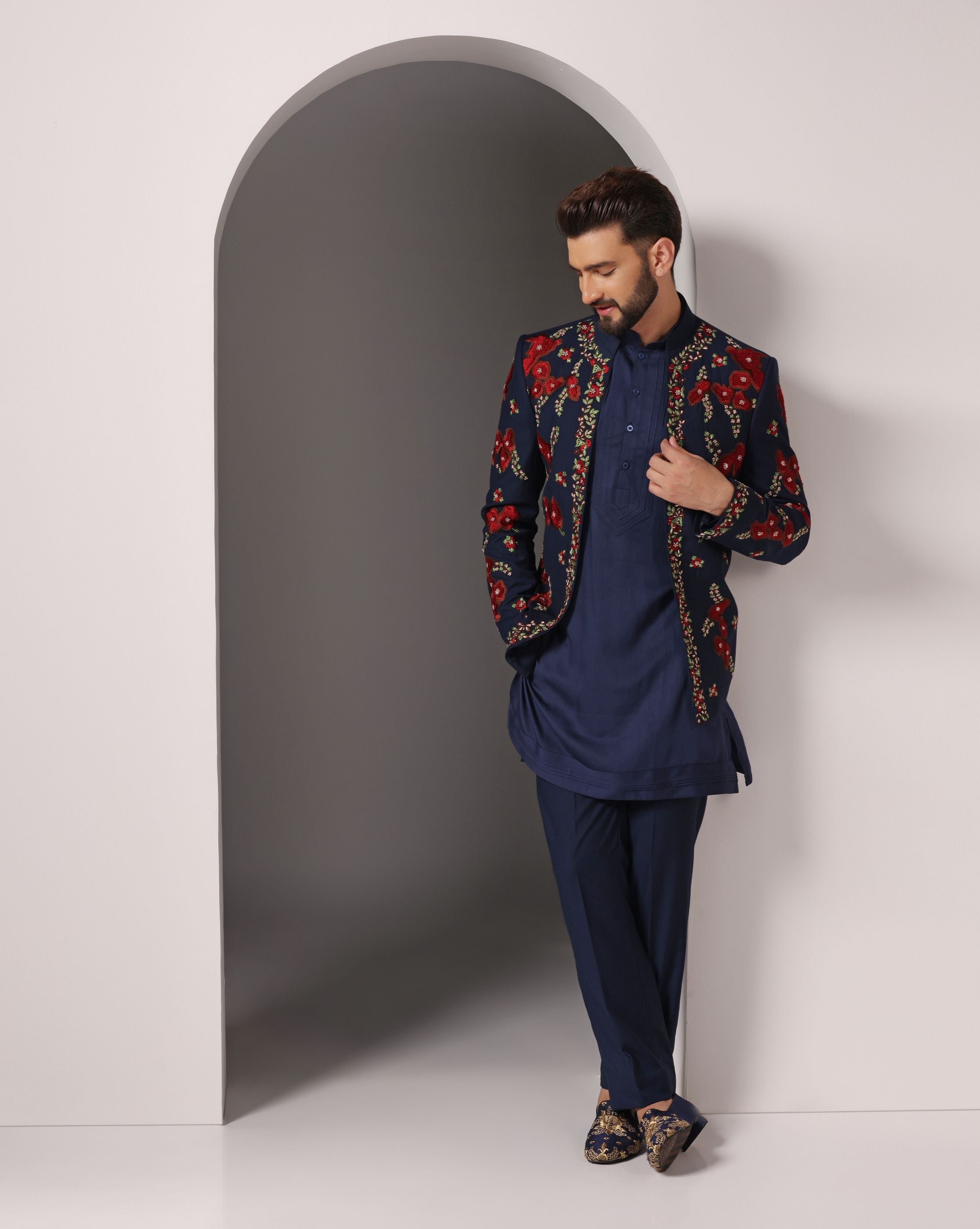 Sapphire Elegance: Embroidered Blue Jacket & Kurta