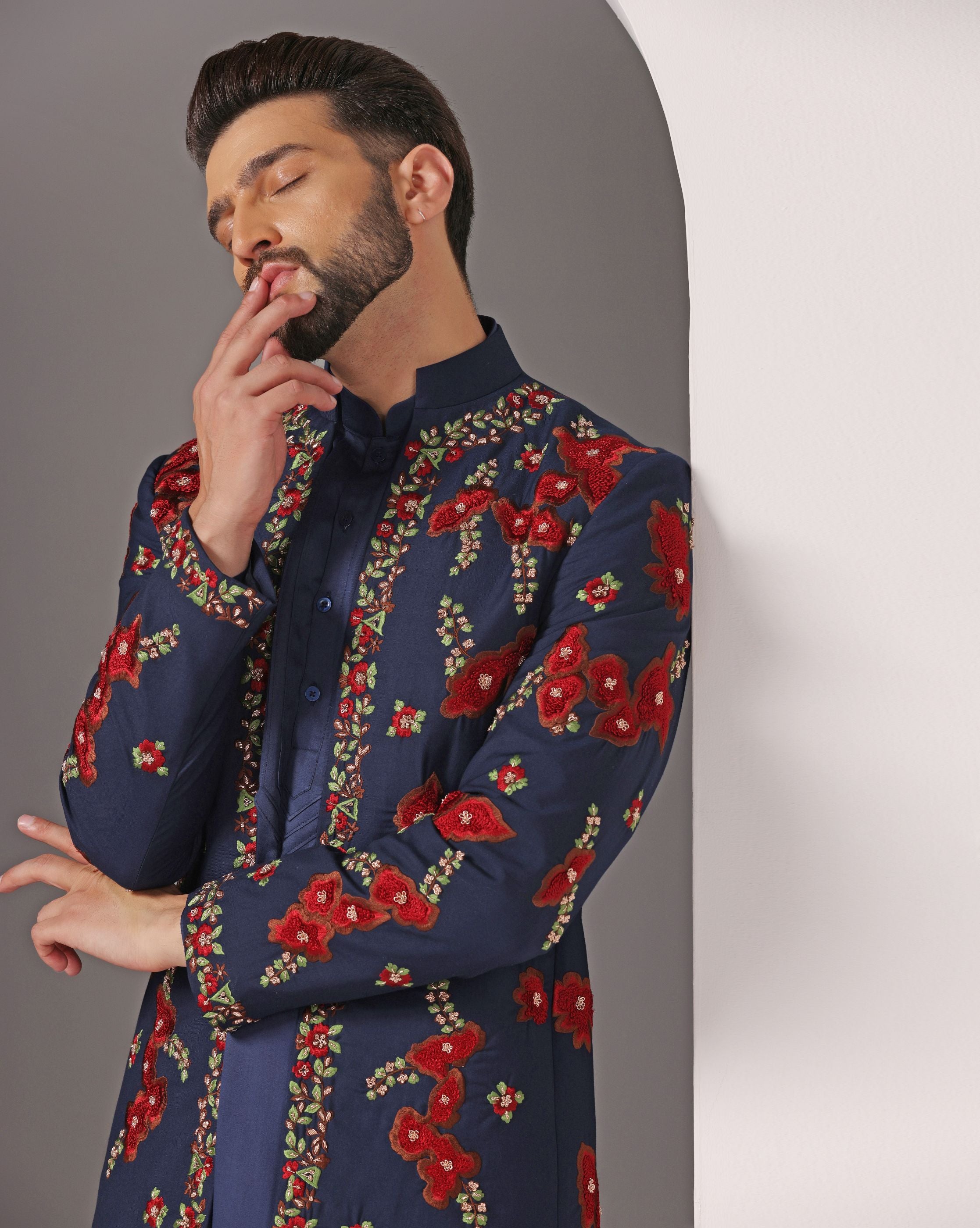 Sapphire Elegance: Embroidered Blue Jacket & Kurta