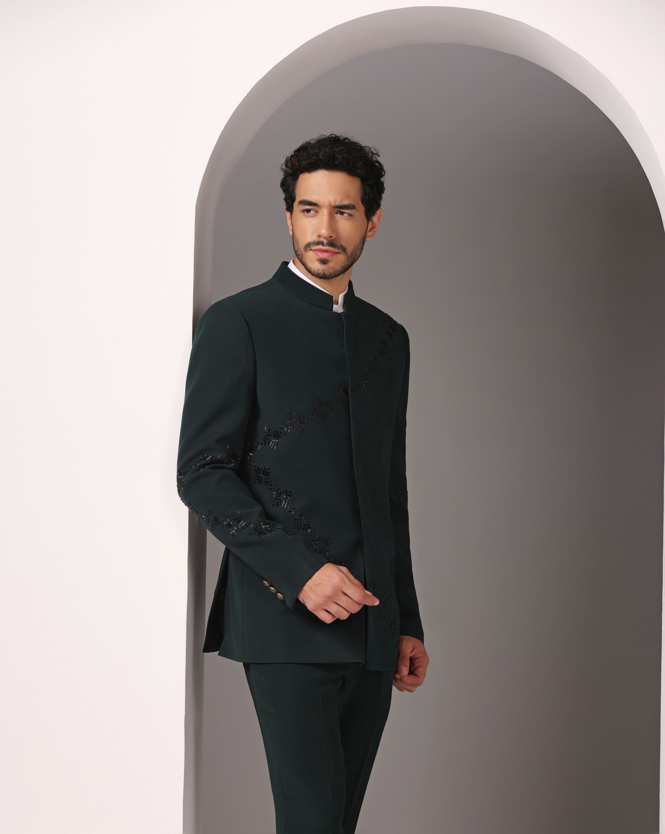 Japanese Elegance: Emerald Bandhgala Suit