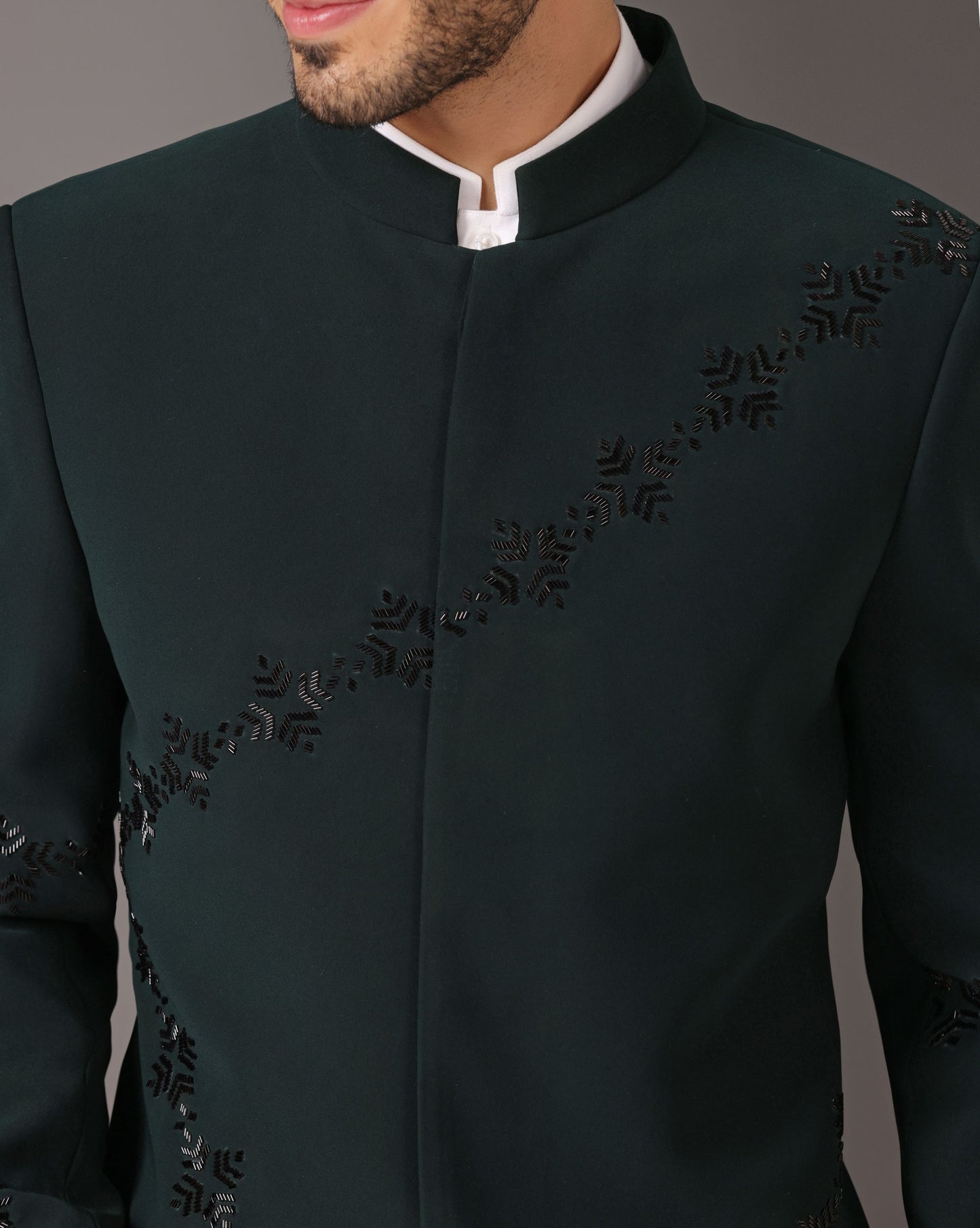 Japanese Elegance: Emerald Bandhgala Suit