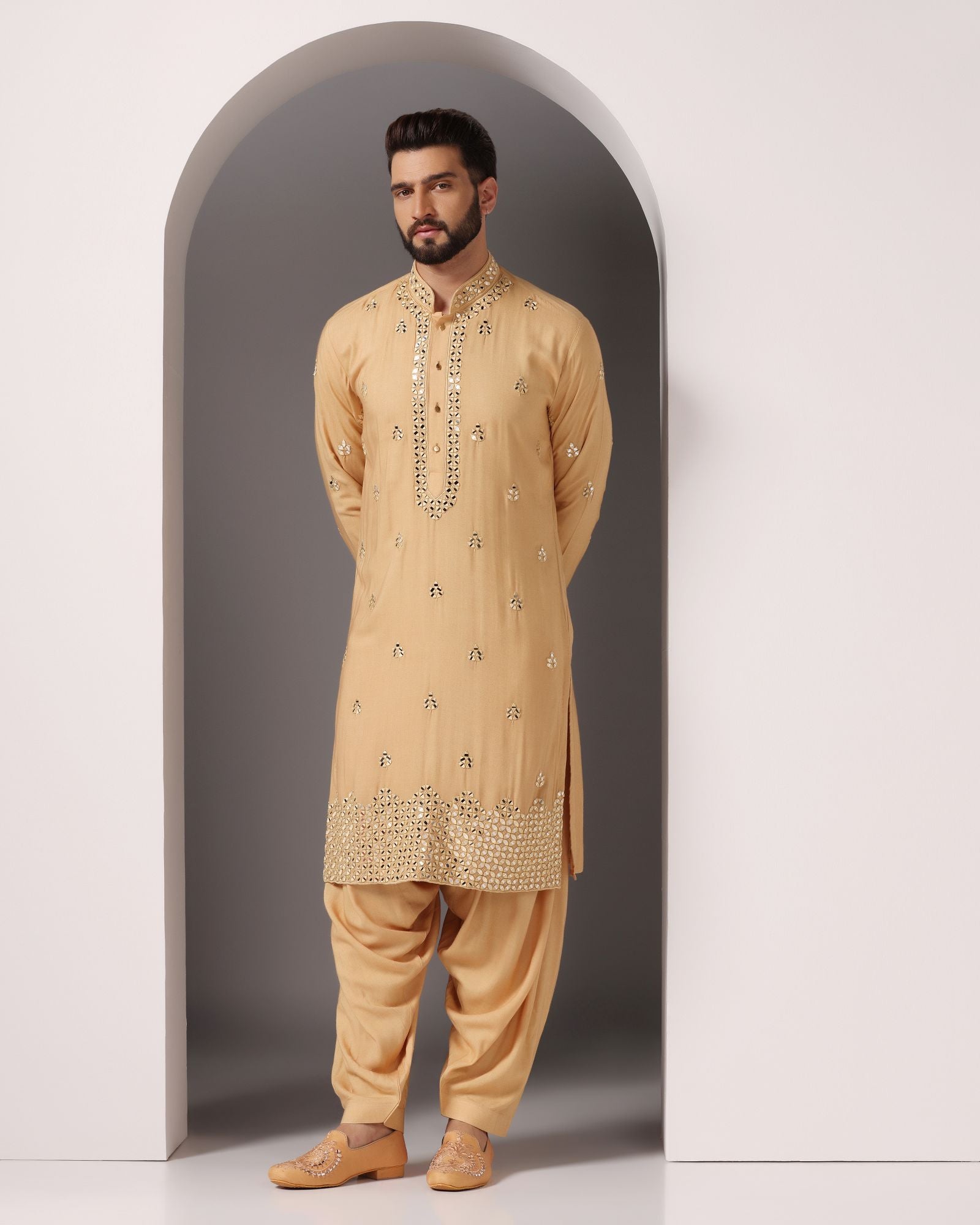 Radiant Beige: Mirror-Embroidered Kurta with Matching Salwar