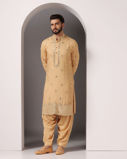 Beige mirror embroidered kurta with matching salwar | Bhavya Bhasin Couture