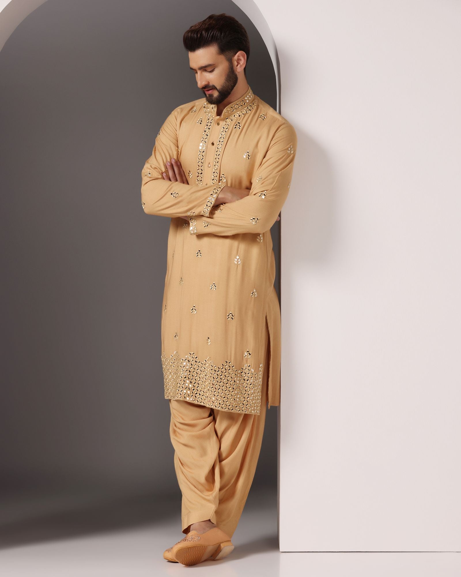 Radiant Beige: Mirror-Embroidered Kurta with Matching Salwar