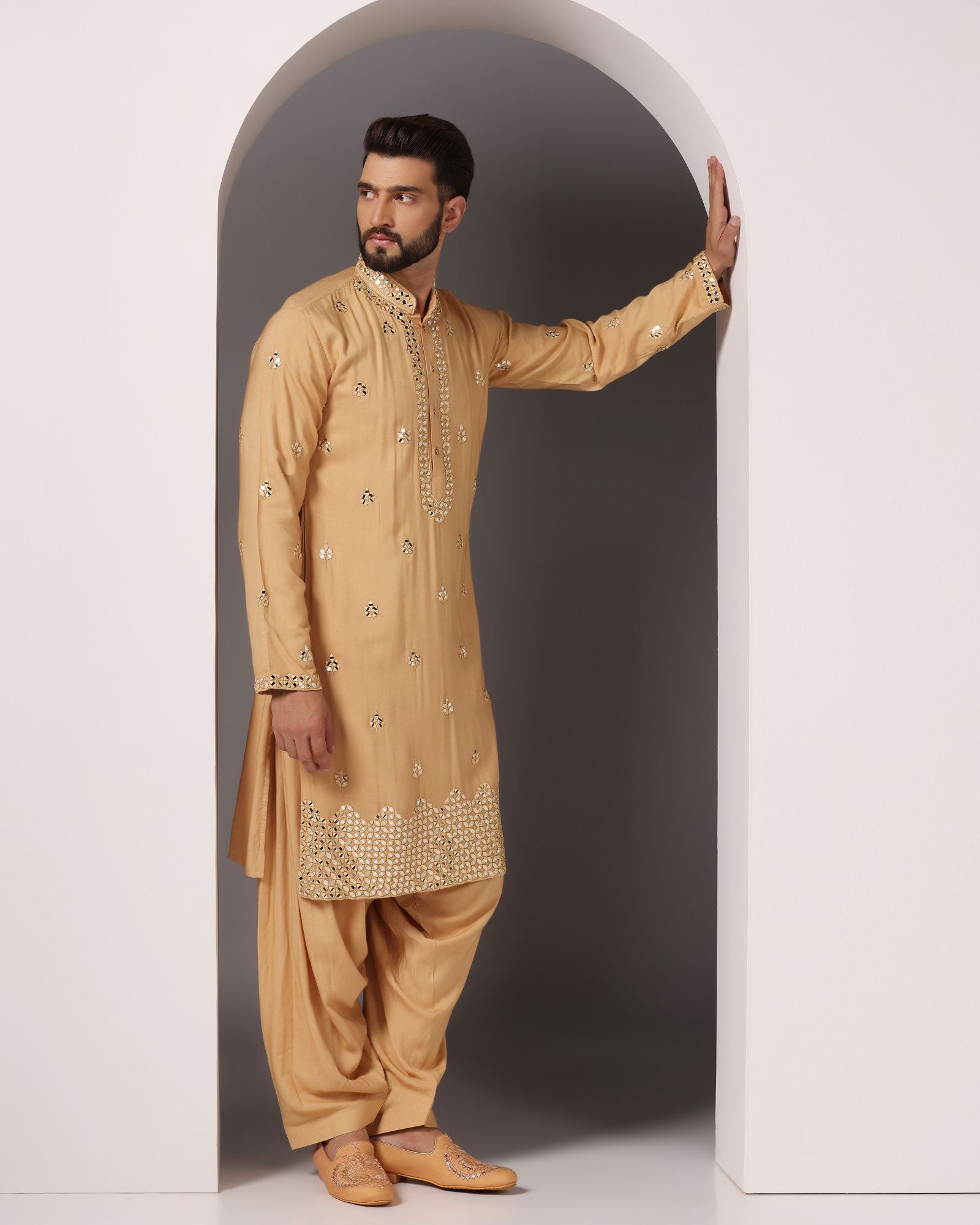 Radiant Beige: Mirror-Embroidered Kurta with Matching Salwar