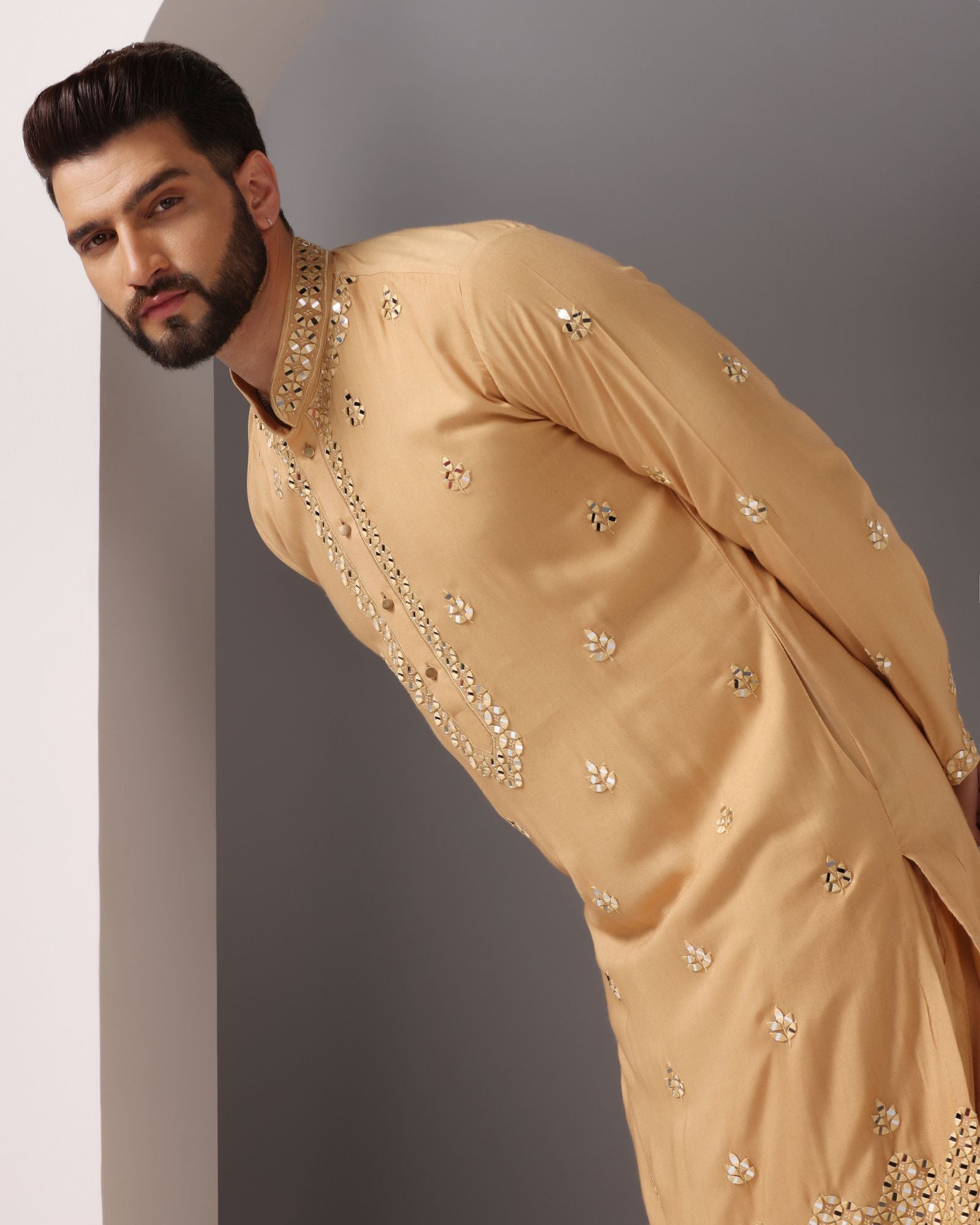 Radiant Beige: Mirror-Embroidered Kurta with Matching Salwar