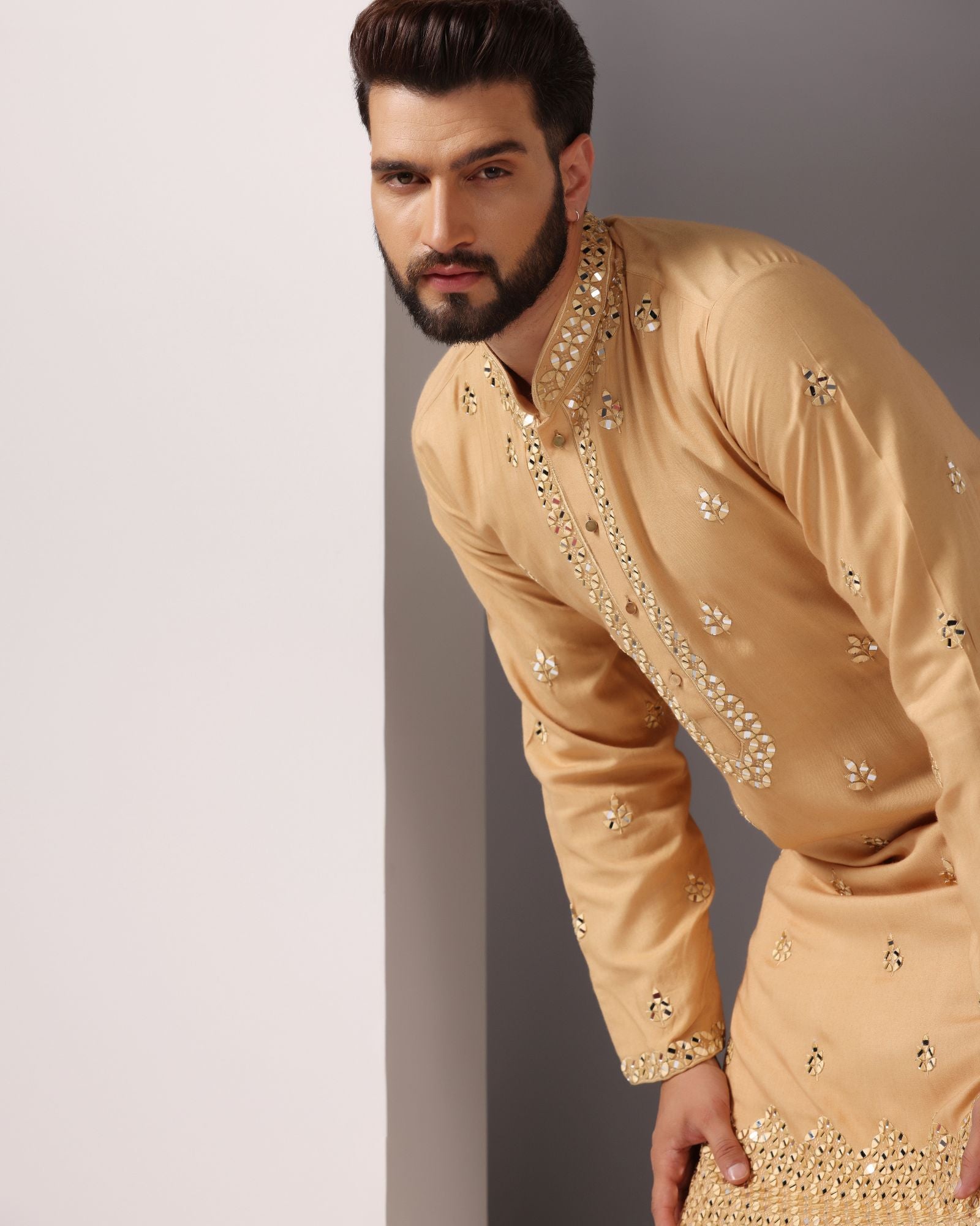 Radiant Beige: Mirror-Embroidered Kurta with Matching Salwar