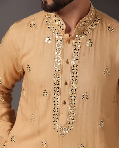 Radiant Beige: Mirror-Embroidered Kurta with Matching Salwar