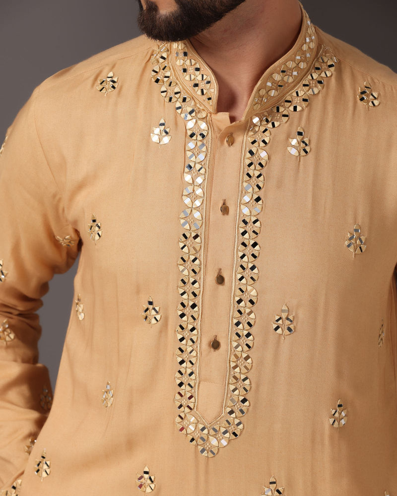 Radiant Beige: Mirror-Embroidered Kurta with Matching Salwar