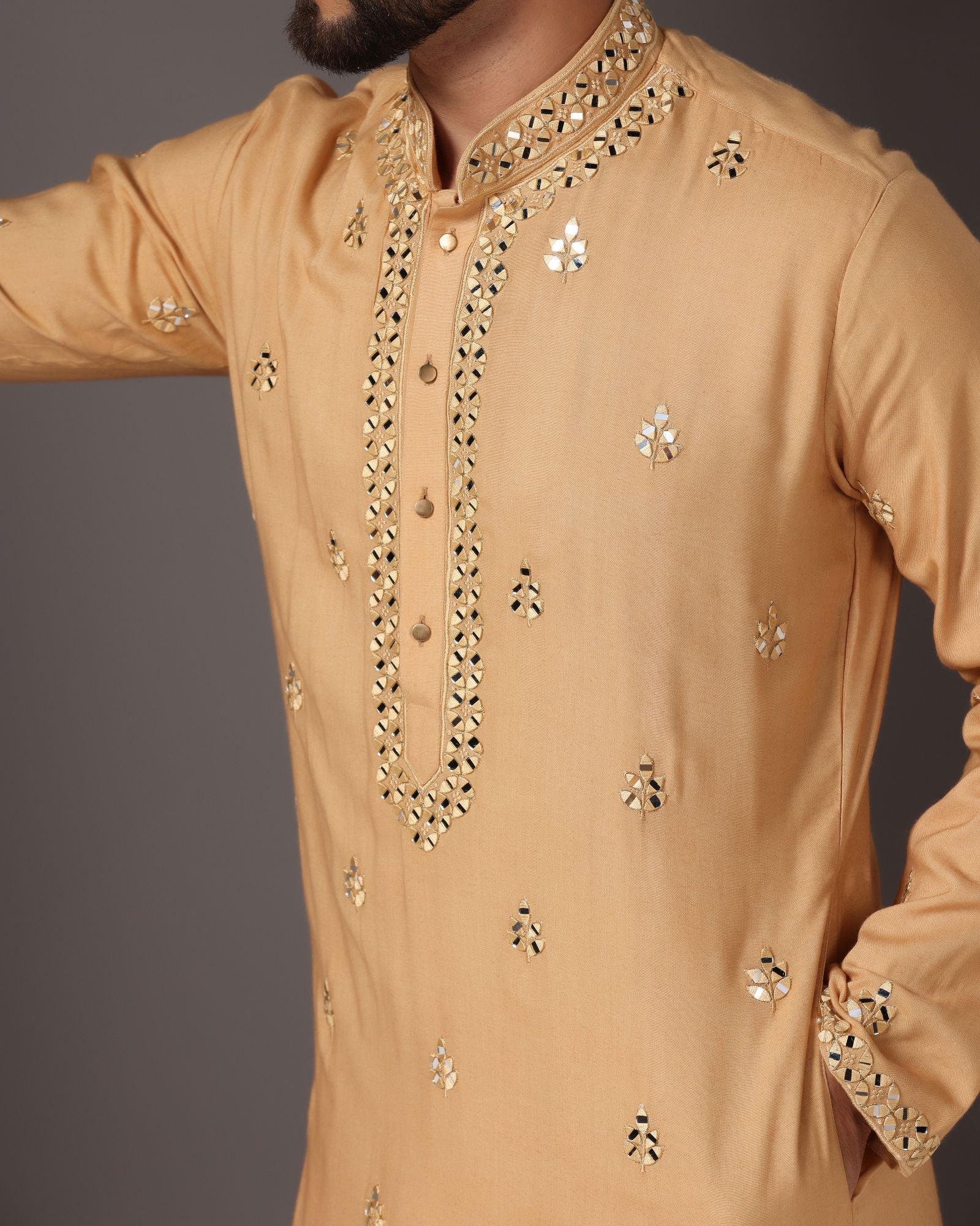 Radiant Beige: Mirror-Embroidered Kurta with Matching Salwar