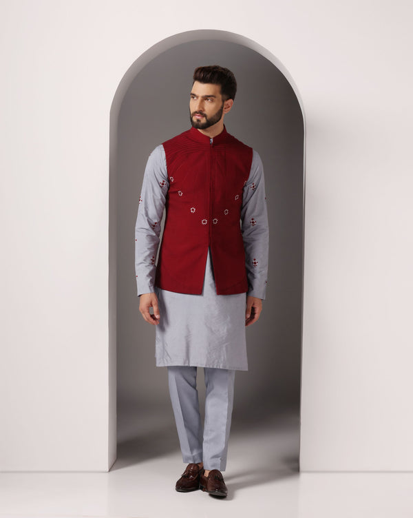 Gracefully Grey: Kurta with Maroon-Embroidered Nehru Jacket