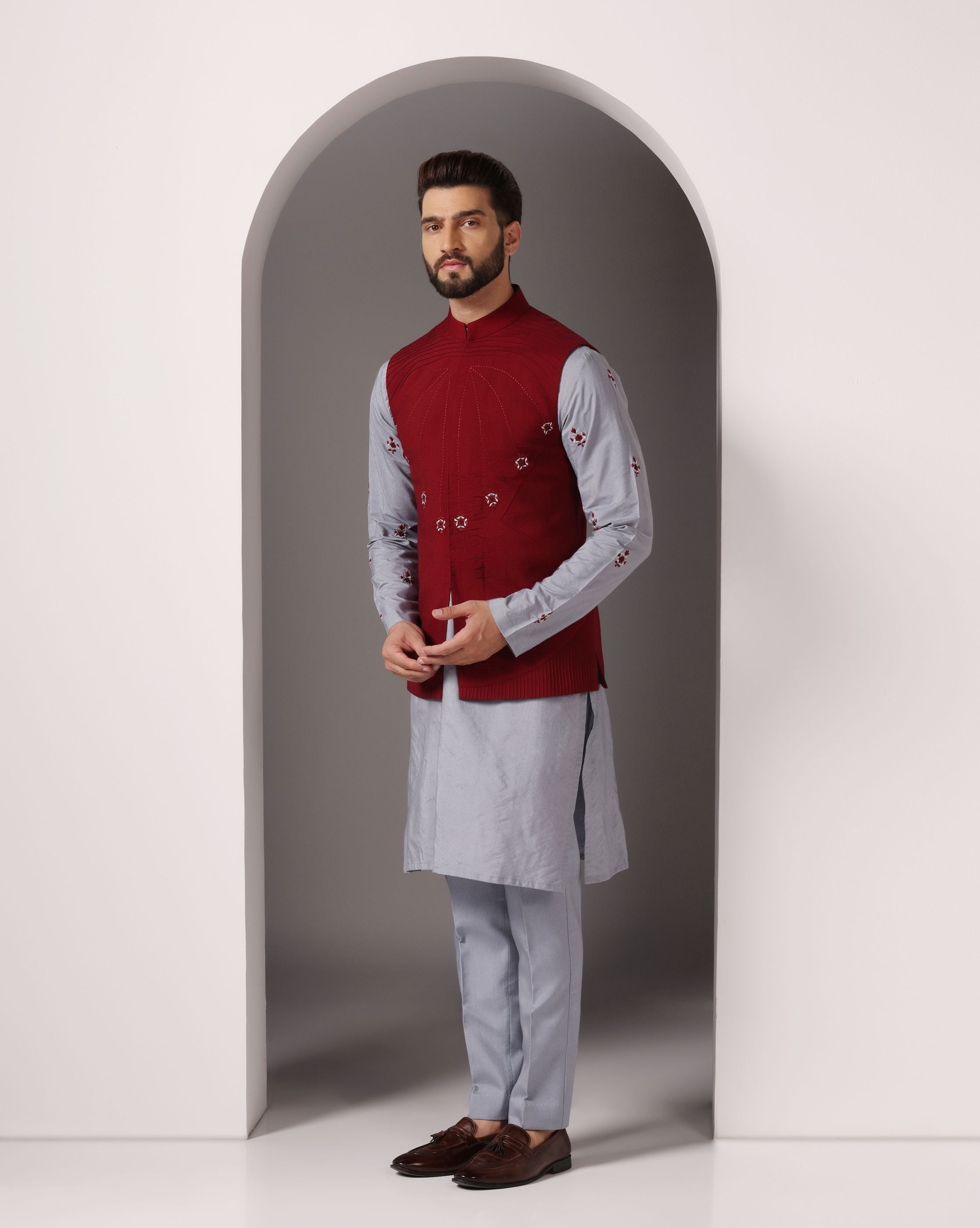 Gracefully Grey: Kurta with Maroon-Embroidered Nehru Jacket