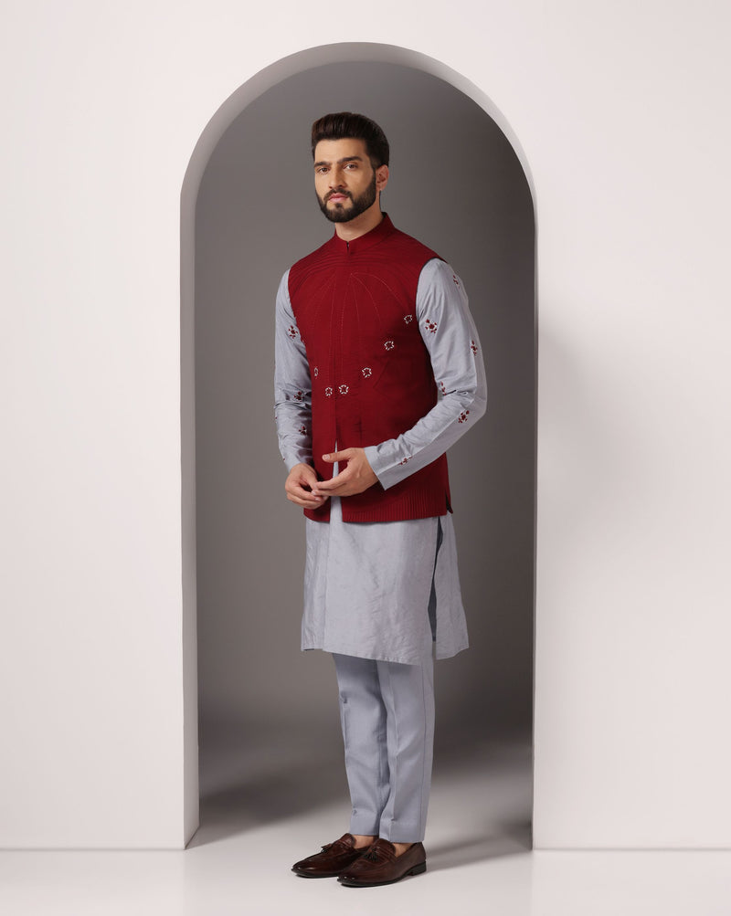 Gracefully Grey: Kurta with Maroon-Embroidered Nehru Jacket