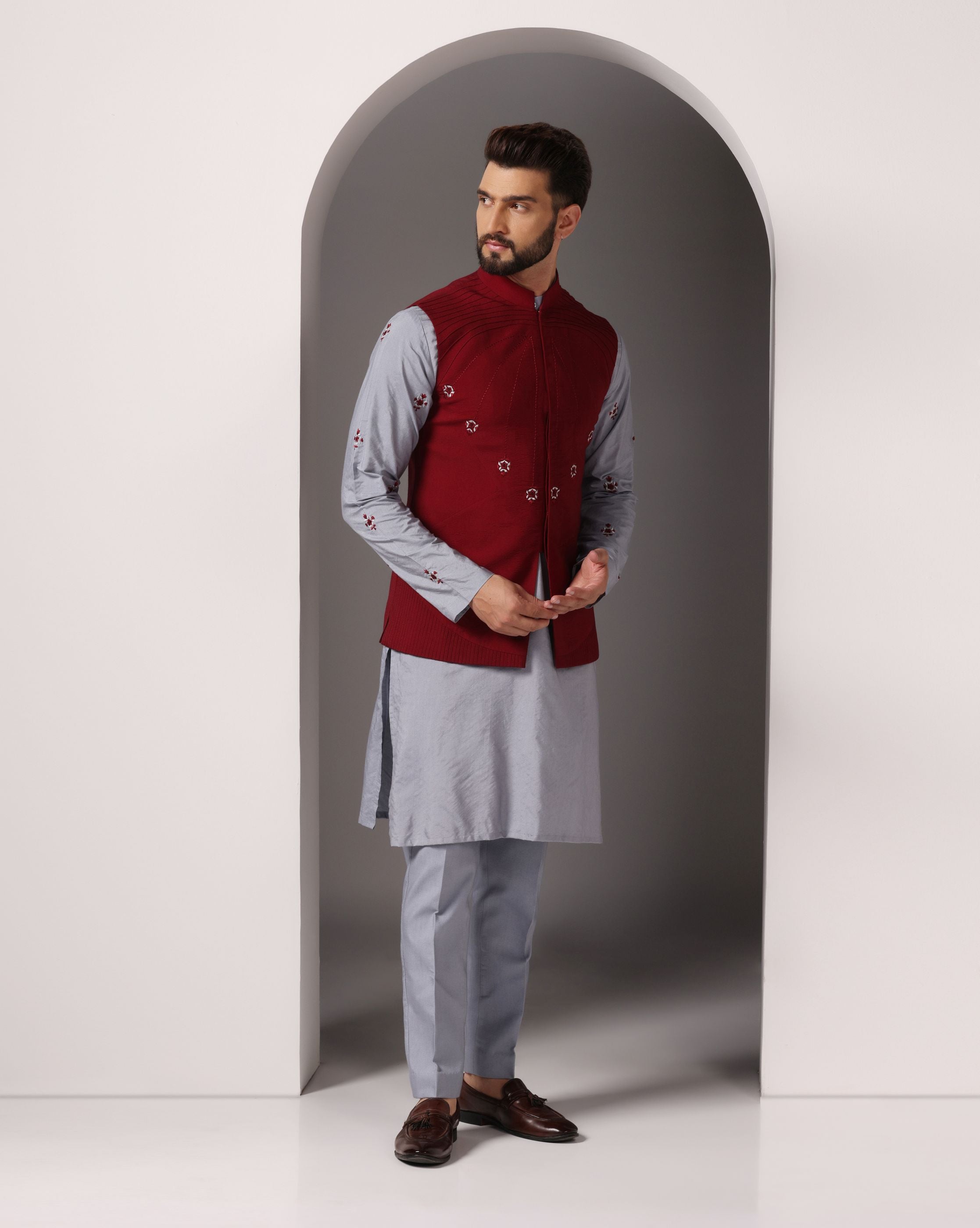 Gracefully Grey: Kurta with Maroon-Embroidered Nehru Jacket