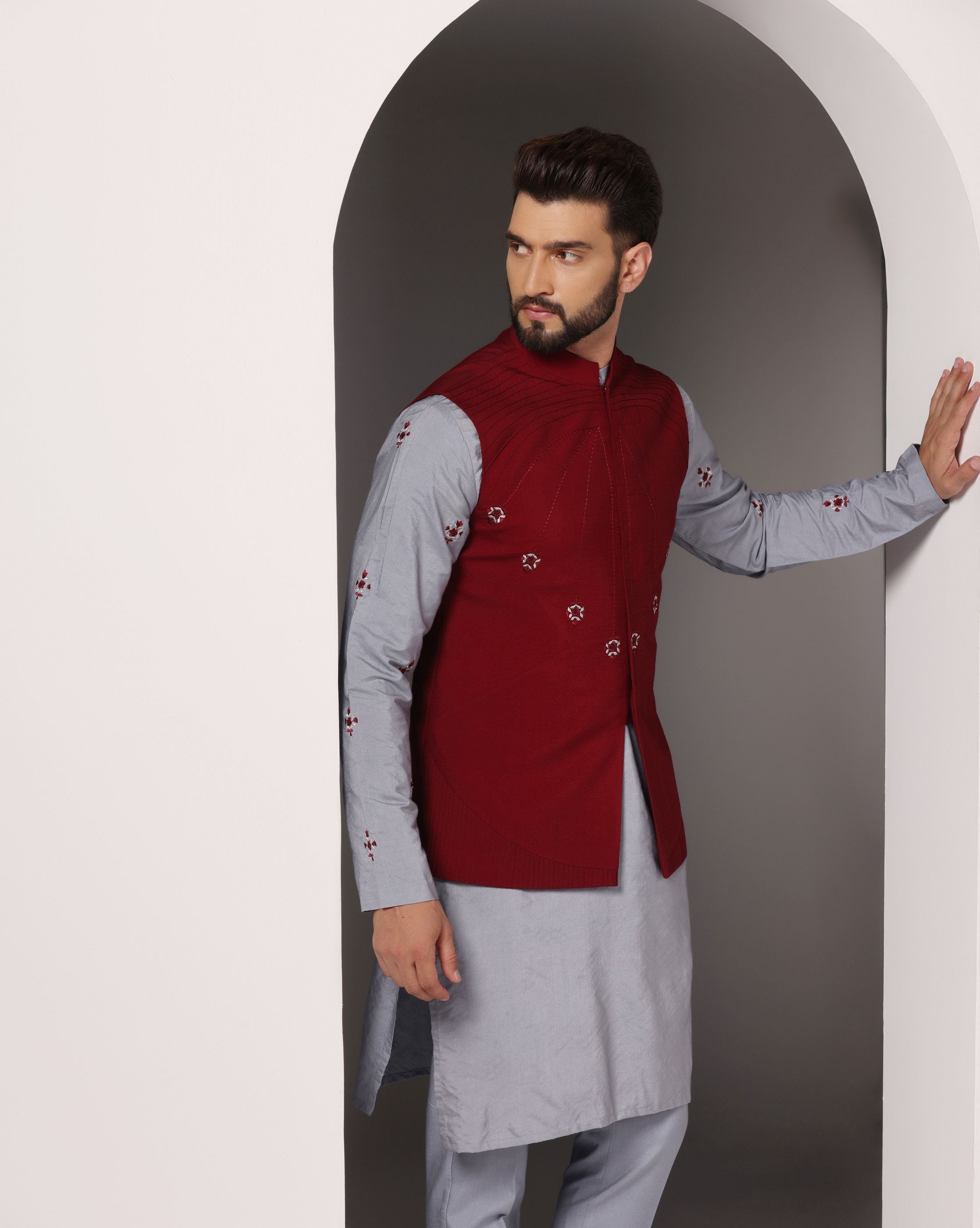 Gracefully Grey: Kurta with Maroon-Embroidered Nehru Jacket