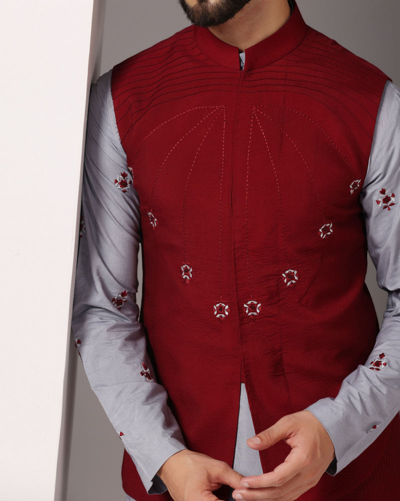 Gracefully Grey: Kurta with Maroon-Embroidered Nehru Jacket