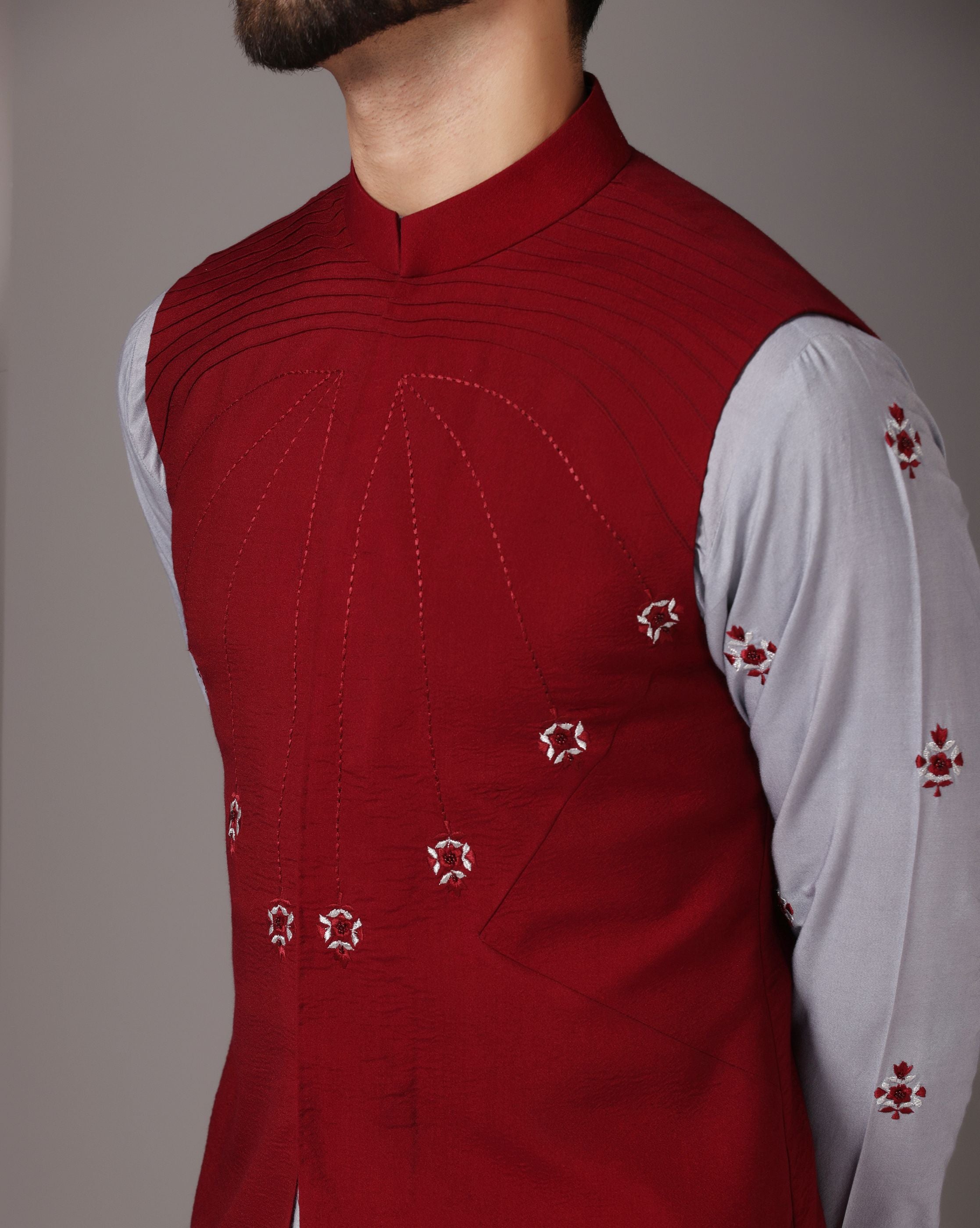 Gracefully Grey: Kurta with Maroon-Embroidered Nehru Jacket