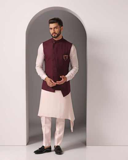 Pink cotton modal kurta with maroon Nehru jacket | Bhavya Bhasin Couture