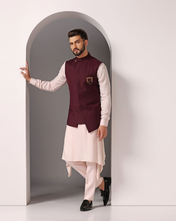 Harmonious Hues: Pink Cotton Modal Asymmetrical Kurta with Maroon Nehru Jacket