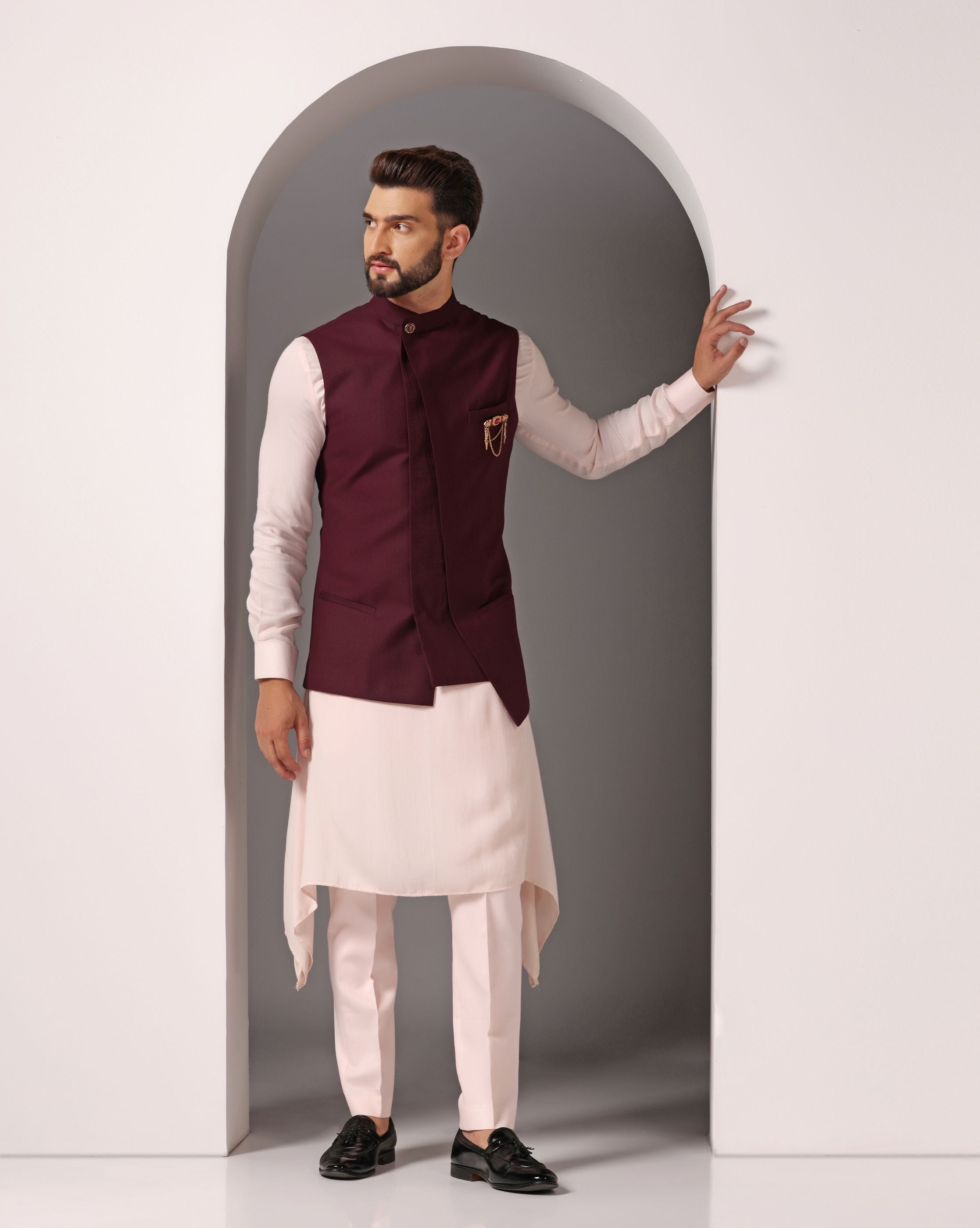 Harmonious Hues: Pink Cotton Modal Asymmetrical Kurta with Maroon Nehru Jacket