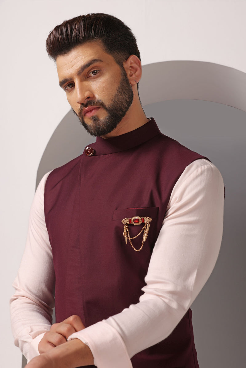 Harmonious Hues: Pink Cotton Modal Asymmetrical Kurta with Maroon Nehru Jacket