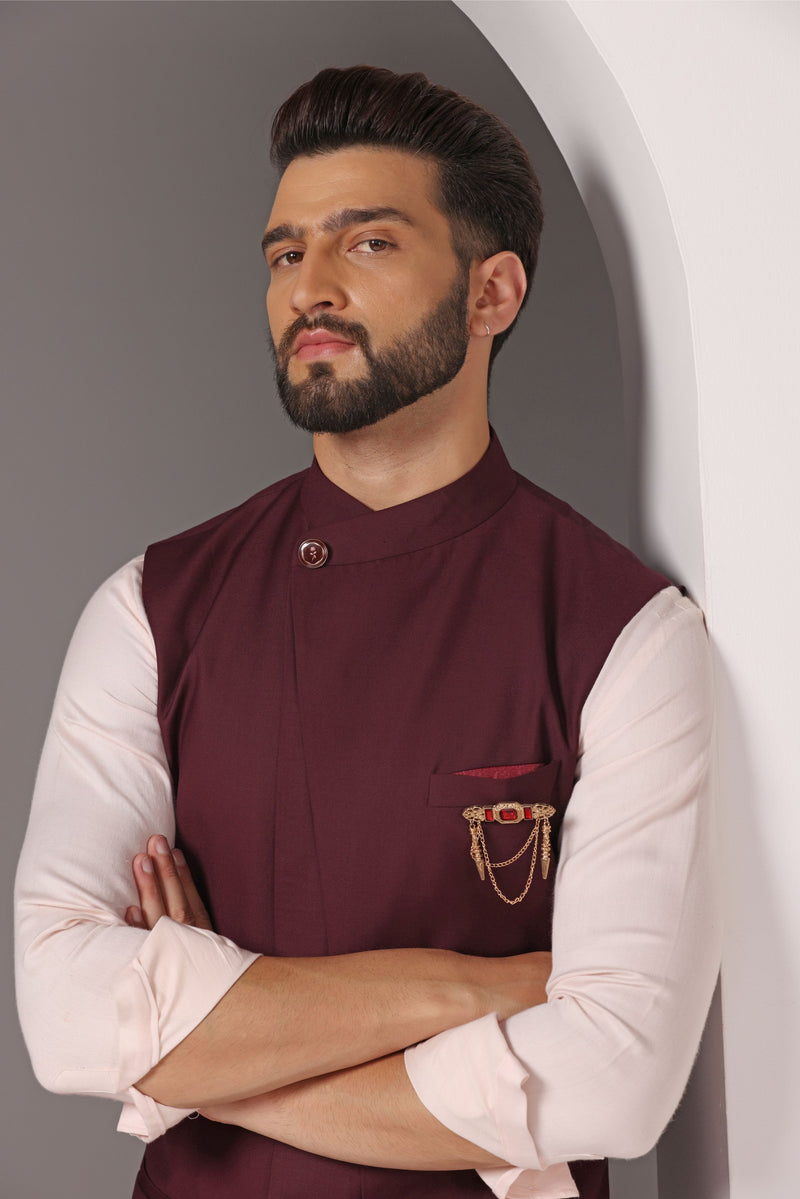 Harmonious Hues: Pink Cotton Modal Asymmetrical Kurta with Maroon Nehru Jacket