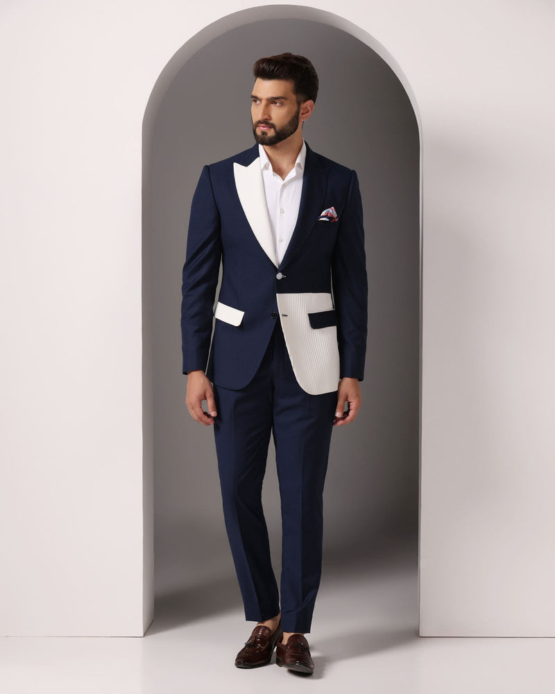 Oceanic Elegance: Blue Suit with White Pintuck Detailing