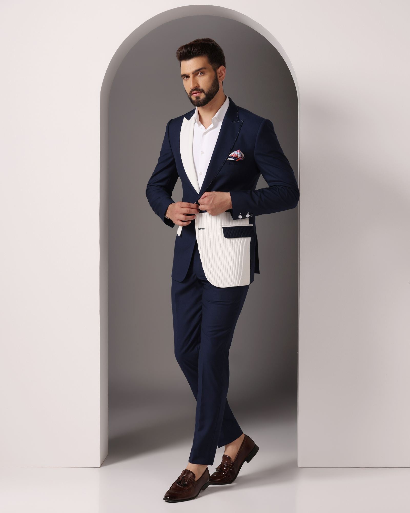 Oceanic Elegance: Blue Suit with White Pintuck Detailing