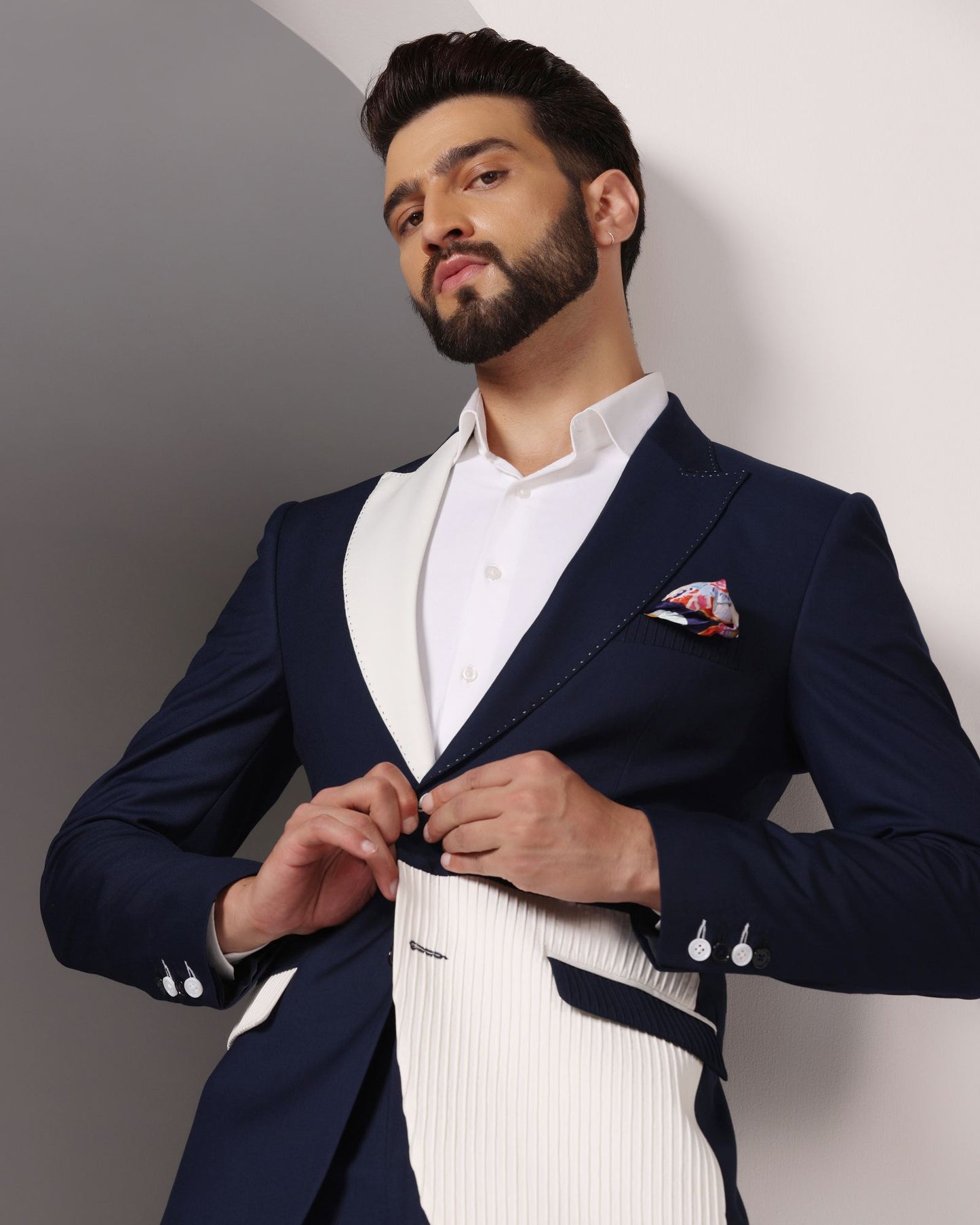 Oceanic Elegance: Blue Suit with White Pintuck Detailing