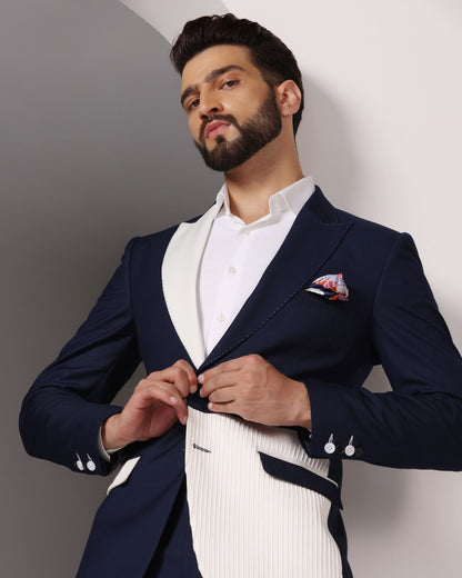 Oceanic Elegance: Blue Suit with White Pintuck Detailing