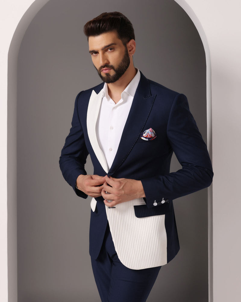 Oceanic Elegance: Blue Suit with White Pintuck Detailing