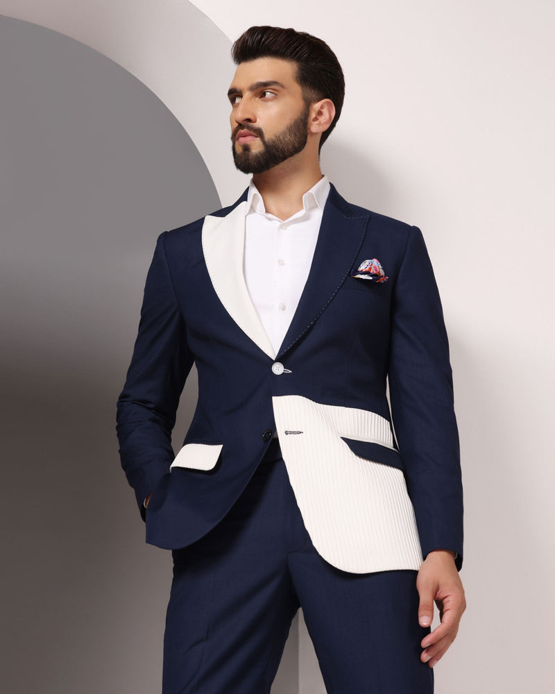 Oceanic Elegance: Blue Suit with White Pintuck Detailing