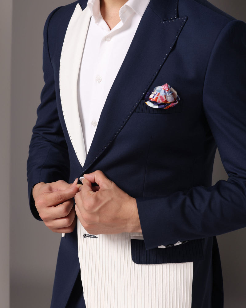 Oceanic Elegance: Blue Suit with White Pintuck Detailing