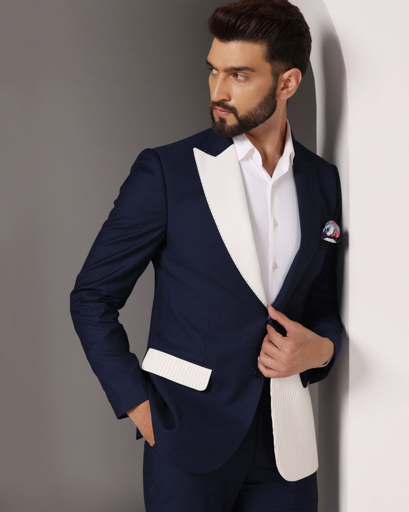 Oceanic Elegance: Blue Suit with White Pintuck Detailing