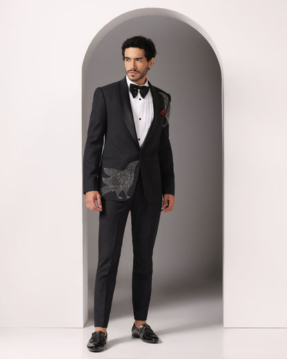 Avian elegance noir embroidered tuxedo | Bhavya Bhasin Couture