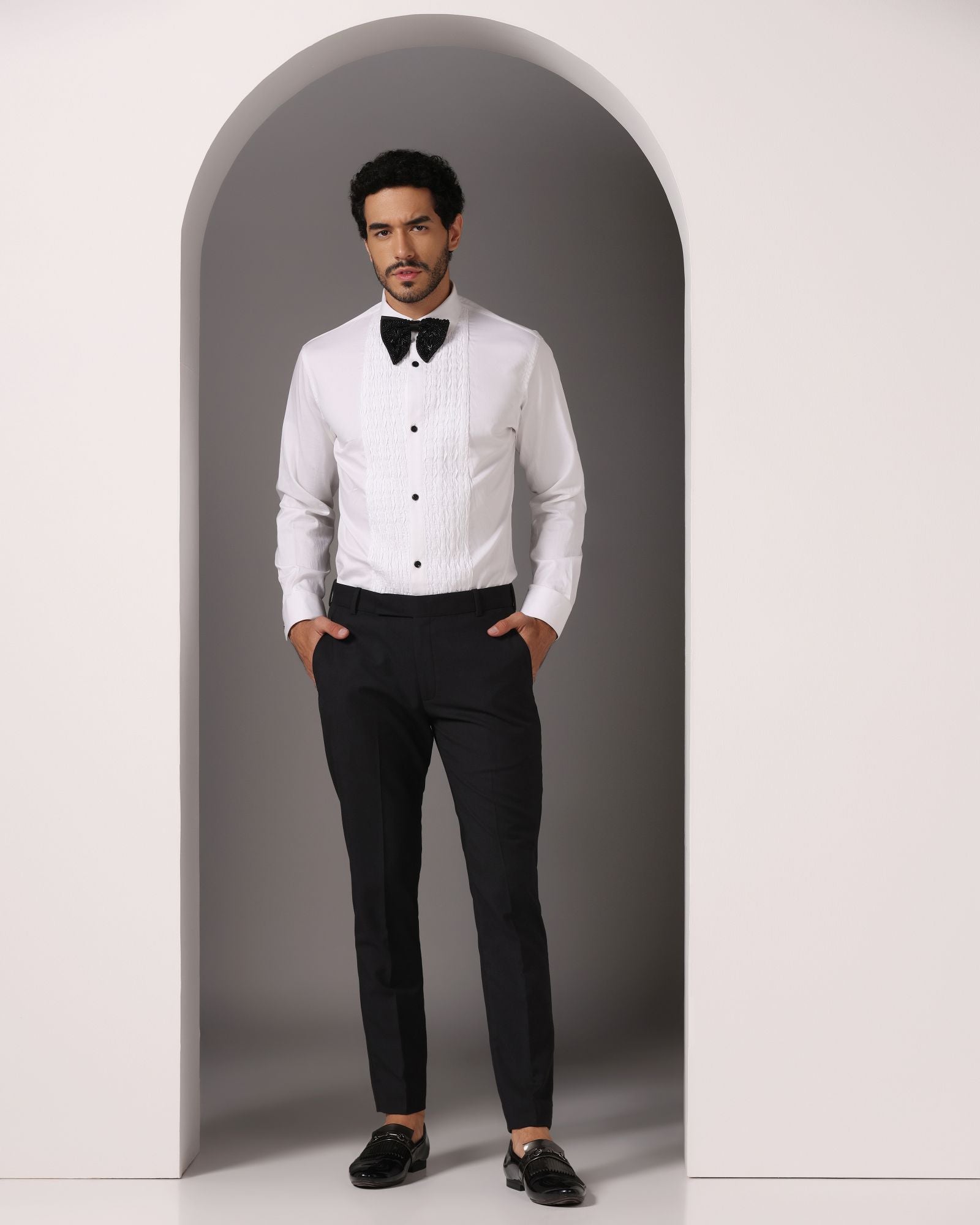 Classic white tuxedo pintuck shirt formal luxury | Bhavya Bhasin Couture