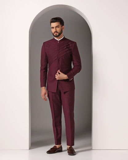 Maroon pleated bandhgala suit Indian wedding formal | Bhavya Bhasin Couture
