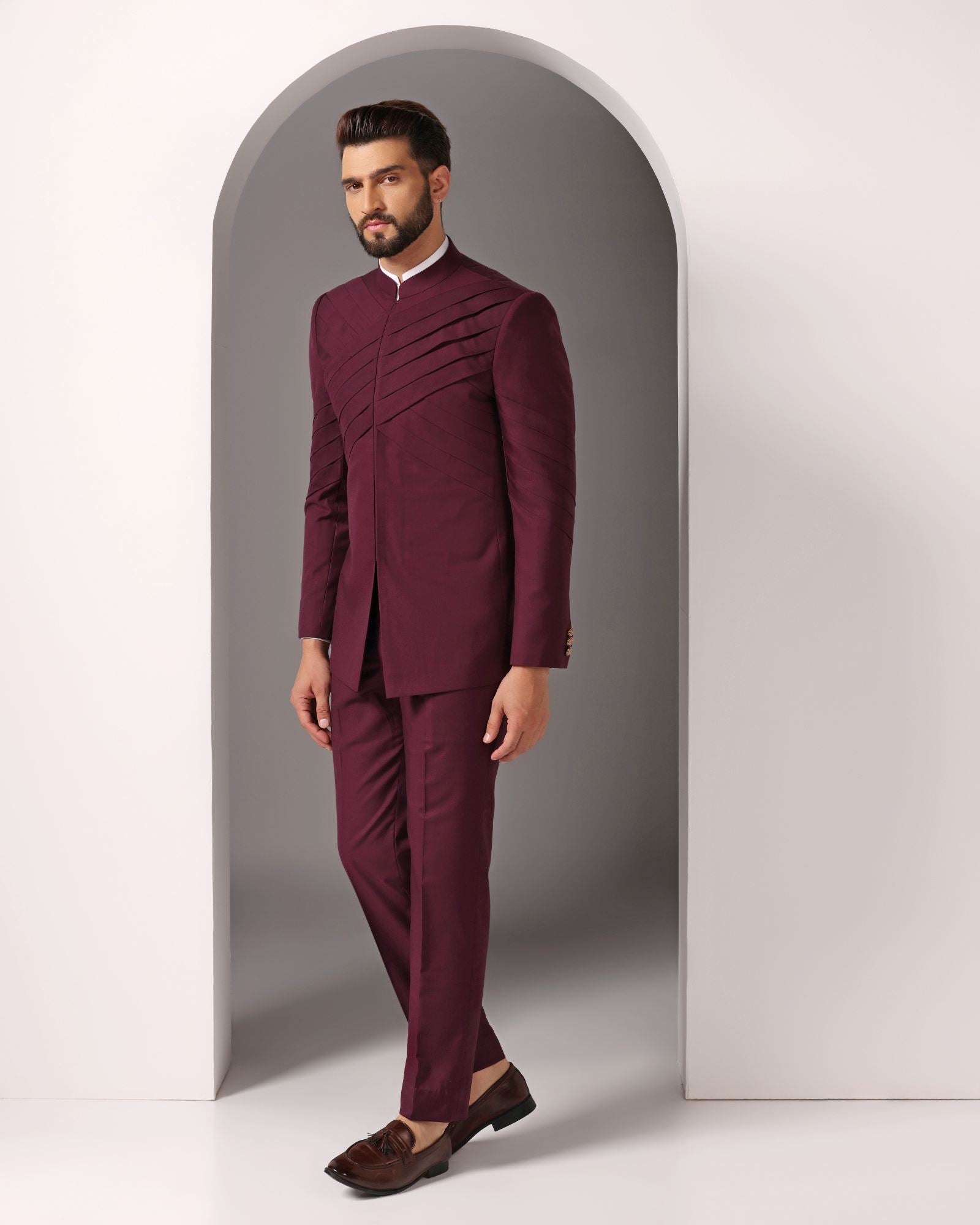 Distinguished in Maroon: Pleated Bandhgala for a Standout Statement