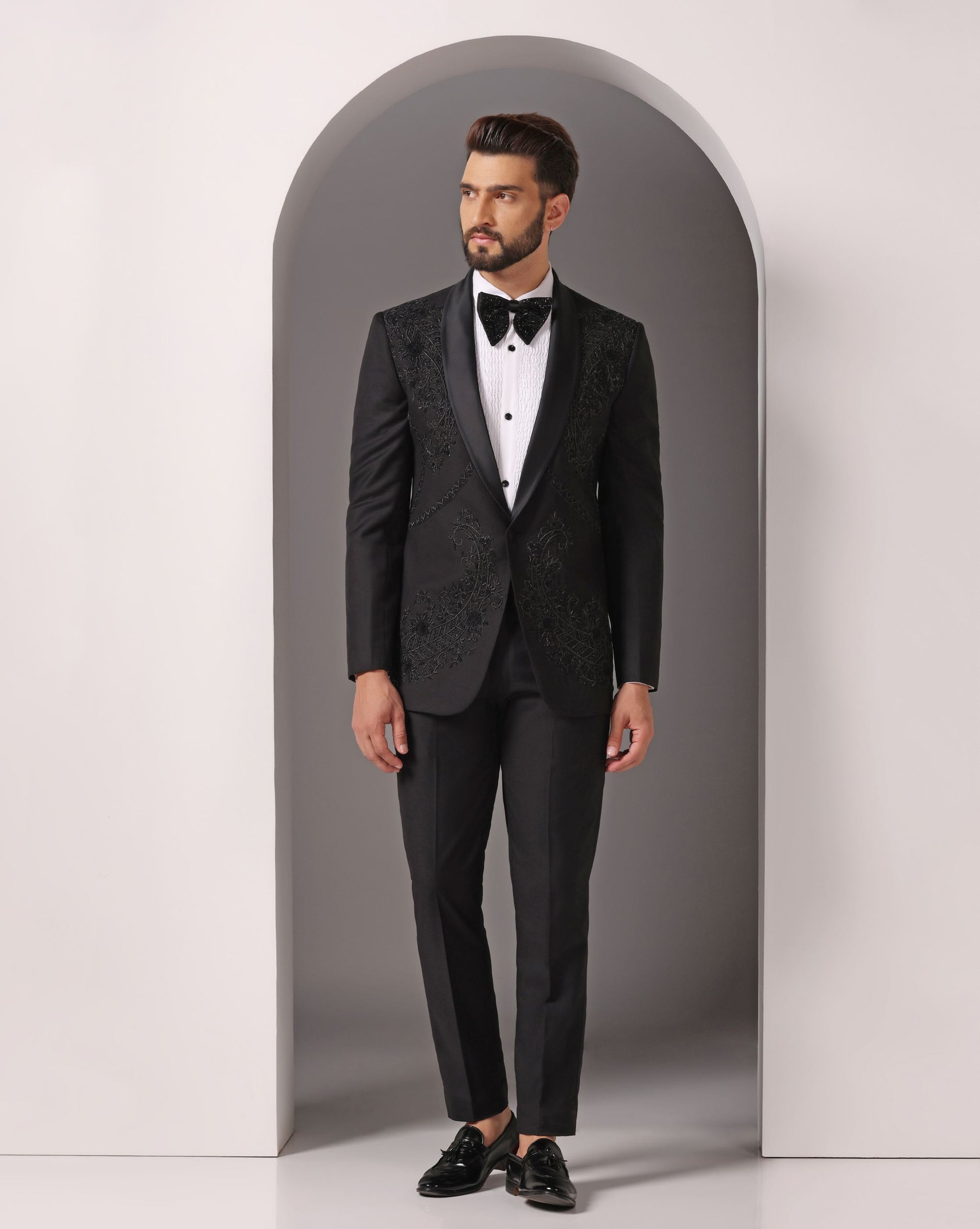 Black tuxedo with Dabka hand embroidery luxury | Bhavya Bhasin Couture