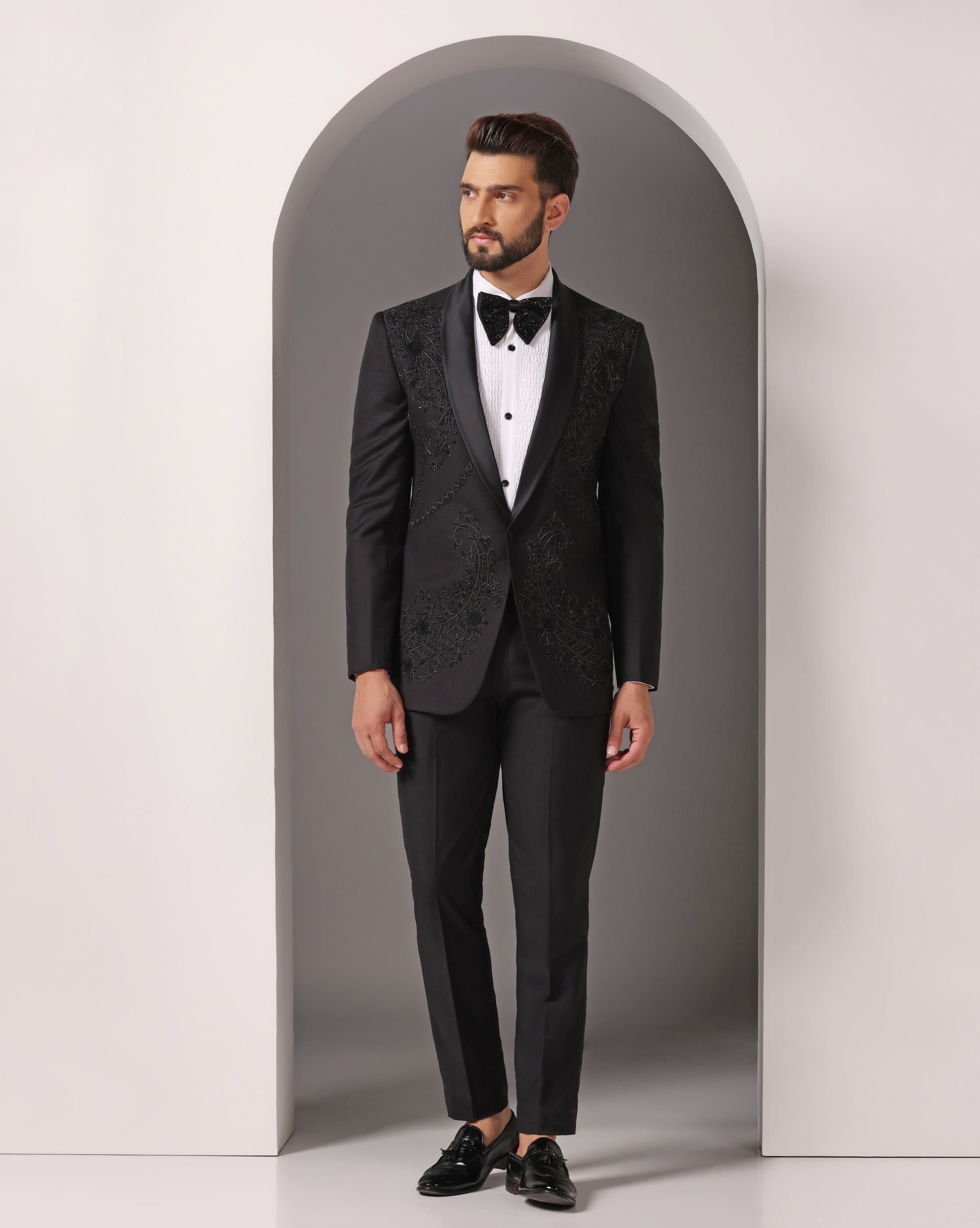 Opulent Black: Tuxedo with Hand-Embroidered Dabka Work