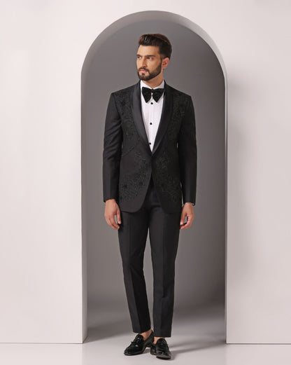 Black tuxedo with Dabka hand embroidery luxury | Bhavya Bhasin Couture