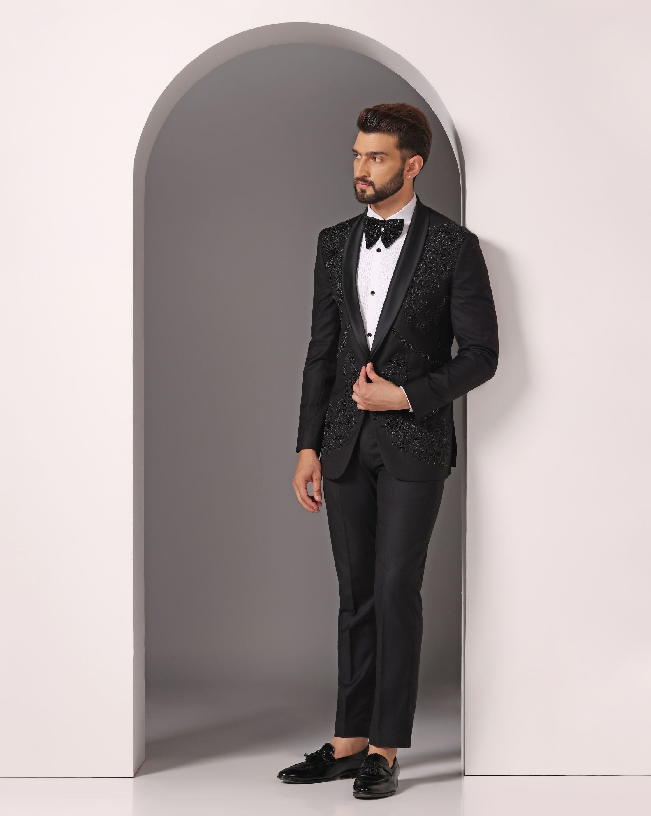 Opulent Black: Tuxedo with Hand-Embroidered Dabka Work